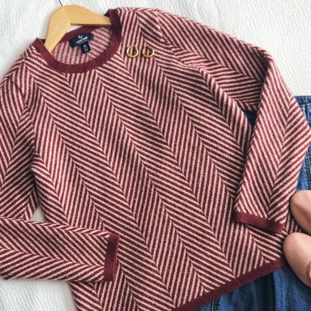 Lands' End Red and White Striped Crew Neck Sweater
